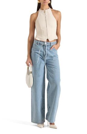 Mani&egrave;re De Voir Claudette Twill Halterneck Backless Top in Cream at Nordstrom, Size 12