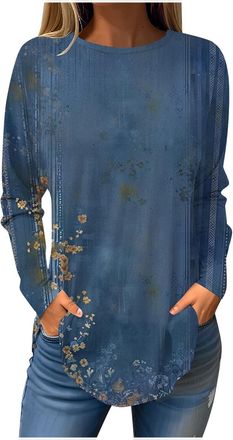 Generic Yolimok Long Sleeve Tops Women Long Casual Floral Spring Summer Lightweight Loose Blouse Round Neck Oversized Sweatshirt Plus Size Tunic Vintage Print