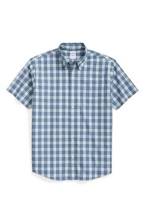 Brooks Brothers Friday Regular Fit Plaid Short Sleeve Cotton Poplin Button-Down Shirt in Turquoise/Aqua at Nordstrom, Size Xx-Large
