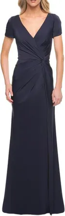 La Femme Elegant Evening Gown with V Neck and Knot in Navy at Nordstrom, Size 10