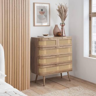 Birlea Rattan Chest of 5 Drawers Sark Brown Oak Mid Century Modern in Beige