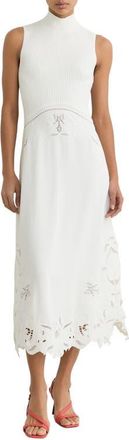 Reiss Phoenix Mixed Media Embroidered Eyelet Detail Dress in Ivory at Nordstrom, Size 10 Us