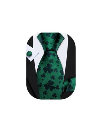 Barry.Wang St. Patricks Day Ties for Men Silk Green Shamrocks Necktie Handkerchief Cufflinks Set Party Wedding