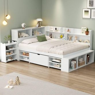 Merax 4ft6 Double Storage Bed Frame with Bookshelf Headboard & Charging in White