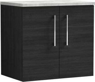 Nuie Arno Wall Hung 2-Door Vanity Unit with Bellato Grey Worktop 600mm Wide - Black Woodgrain - Nuie