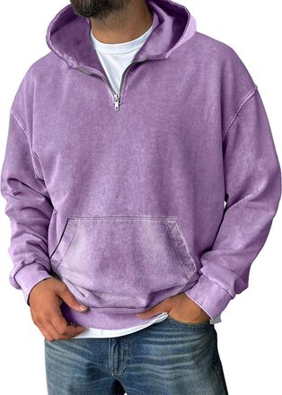 Generic Hooded Mens Sweatshirts Acid Washed Hoodies for Men Long Sleeve Pullover Half Zip Up Hoodie Oversized Vintage Sweatshirt Autumn Winter Hood Jumper (Pu