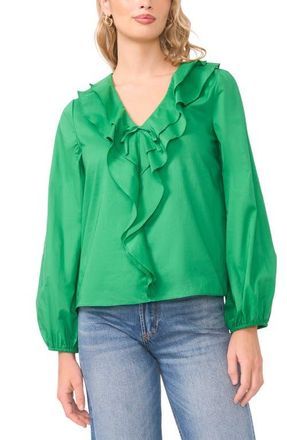 Vince Camuto Double Ruffle Long Sleeve Cotton Top in Field Green at Nordstrom, Size Medium