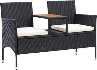 vidaXL Banco De Jard&iacute;n 2 Plazas Y Mesita Rat&aacute;n Sint&eacute;tico Negro 143 Cm Vidaxl