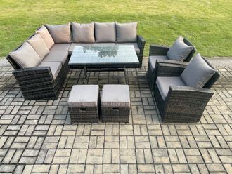 Fimous High Back Outdoor Garden Furniture Set Rattan Corner Sofa Dining Table Set With Armchairs Left Corner in Dark Grey
