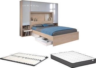 Vente-Unique Cama con almacenamiento 160 x 200 cm - con LEDs - Color: natural y blanco brillante + Somier + Colch&oacute;n - VELONA