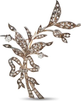Luxury Bazaar Antique 18K Rose Gold and Silver 1.0ct Diamond Floral Leaf Brooch MF14-062626