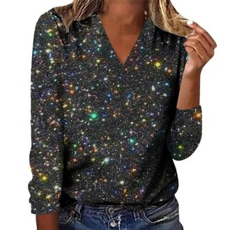 Generic Sequin Tops UK Women V/Round Neck Solid Long Sleeve Pullover Top Womens Sparkly Print Sweater Shirt Glitter Top Sparkly Festival Party Blouses Shining