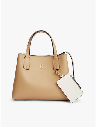 Tommy Hilfiger Womens Monogram Pebbled Mini Satchel Bag - Beige