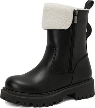 Generic Womens Fashion Winter Biker Boots Round Toe Platform Chunky Heels Short Booties with Side Zipper (5.5,Black)