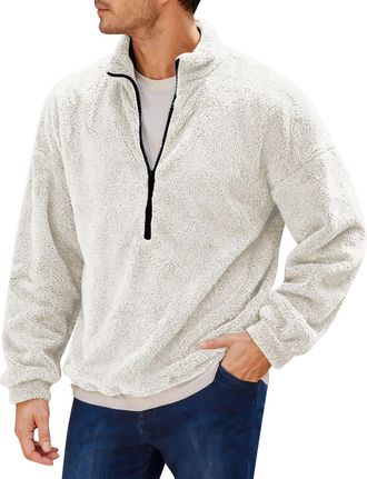 Generic Mens Fleece Jackets - Half Zipper Fuzzy Jumpers, Winter Warm Fluffy Coats, Comfy Cosy Soft Pullover Tops, Thermal Windbreak, Long Sleeve Sweatshirt, T