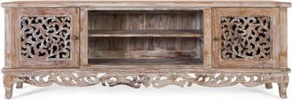 Giner&Colomer Mueble TV de teca con acabado blanco lavado y tallas artesanales