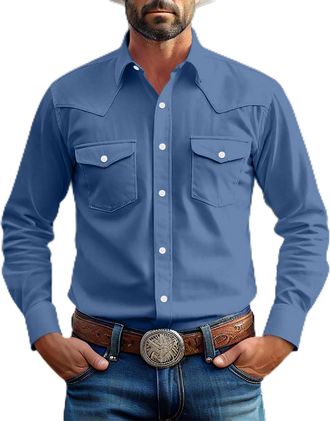 Generic Mens Two Pocket Long Sleeve Button Work Shirt Vintage Solid Color Lapel Shirt Slim Fit Mens Casual Shirts Cowboy Cut Western Style Blue
