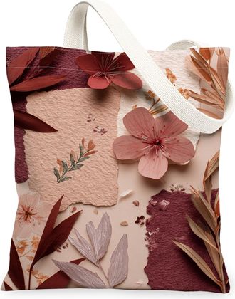 Generic Floral Canvas Tote Bag, Elegant Plant Pattern Reusable Grocery Bags, Vintage Lightweight Washable Shoulder Strap Canvas Bag, Peach, 13x15 Inch