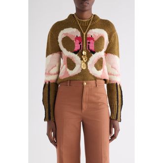 Chlo&eacute; Hand Knit Flamingo Intarsia Wool Crewneck Sweater in Secret Brown at Nordstrom, Size Large