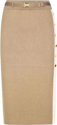 Elisabetta Franchi Gebreide midi-rok met glanzende viscose banden - Dames - Midirokken - Beige - M - Rokken