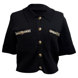 Maje Cropped Contrasting Cardigan Top in Black Viscose