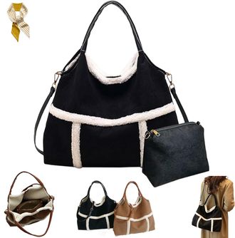 Generic Women Suede Tote with Faux Lamb Wool Lined,Vintage Large Capacity Plush Shoulder Bag,Faux Fur Top Handle Handbag Travel Purse (Black)
