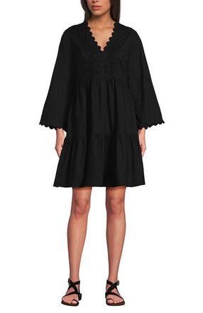 Lands End Poplin V Neck Embroidered Dress in Black at Nordstrom, Size Xx-Small