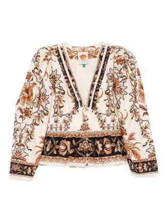 Farm Rio Floral Print Blouse In Cotton With Lace Trim