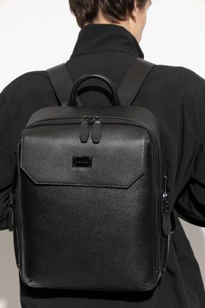 Emporio Armani Leather Backpack With Logo Patch, Mens, Black