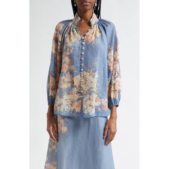 Zimmermann Cascadian Billow Linen Button-Up Shirt in Blue Botanical Floral at Nordstrom, Size 0P