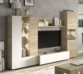Dmora Dmora - Pared Equipada Dmaj, Mueble Tv Modular Para Sal&oacute;n, Composici&oacute;n Para Sal&oacute;n Con Muebles Altos Y Vitrinas Con Luz Led, 260x42h185 Cm, Roble Y Bla