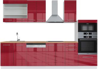 Vicco Mueble De Cocina Fame-line, Burdeos Brillo Intenso/blanco, 300 Cm Con Armario Alto, Et Roble