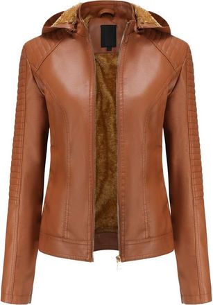 Dissa Womens Brown Faux Leather Casual Jacket Short Fitted Zipper Jacket Hooded Autumn And Winter Coat,16,P6677