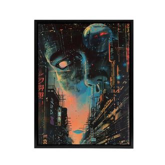 Artery8 Japanese Sci Fi City Tokyo Japan Framed Canvas Wall Art Print in Blue | Size: W24 x H32