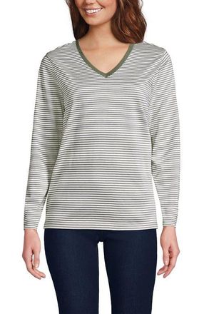 Lands End Relaxed Supima Cotton Long Sleeve V-Neck T-Shirt in Sage Micro Stripe at Nordstrom, Size X-Small