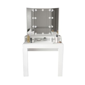 ML Design Ml-design - Tocador Moderno Con Luces Led Plegable En 3 Partes Espejo Caj&oacute;n Y 3 Compartimentos 89,5x155x43,5cm Blanco Fabricado En Madera Mdf Mesa De 