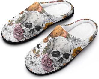 Generic Halloween Skull Pumpkins Spider Web Slippers Men Winter Warm Cotton Anti-Slip Indoor Slip-Ons House Shoes