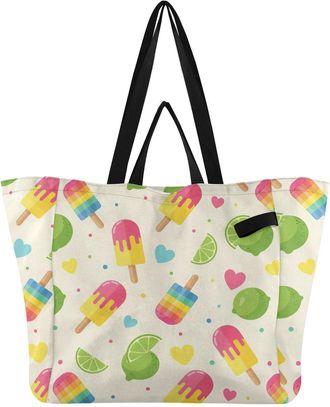 Generic Ice Cream Lime White pattern Reusable Canvas Tote Bag, Heavy Duty Grocery Shopping Bag with Large Capacity Hard Bottom Double Handles Work Groceries T