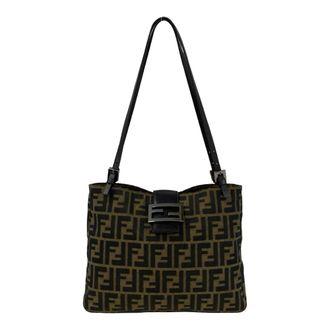 Fendi Black Brown Khaki Canvas Leather Shoulder Bag Tote Bag (Pre-Owned)