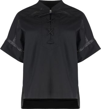 Yves Salomon Popeline blouse met vetersluiting en leren details - Dames - Blouses - Zwart - 2XS - Katoen - Overhemden