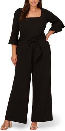 Adrianna Papell Tie Front Wide Leg Crepe Jumpsuit in Black at Nordstrom, Size 14W