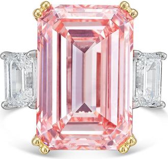 Diana M. Jewels 18kt Yellow gold Lab grown 20ct Fancy pink emerald diamond ring with emerald diamonds on the side and micropave band