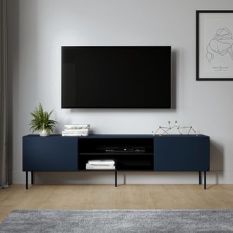 Dmora Mueble Para Tv Cesara, Un Estante, 2 Puertas, Con Patas Met&aacute;licas, 200x42x57h Cm Azul