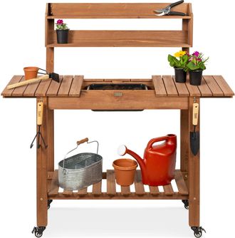 Best Choice Products Wood Garden Potting Bench Workstation Table w/ Sliding Tabletop, 4 Locking Wheels, Dry Sink