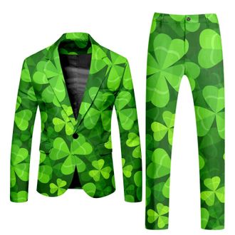 Generic Mens St. Patricks Day Suit 2 Peices Irish Clover Shamrock Printed Formal Lapel Button Down Blazer Wide Leg Pants Trousers Leprechaun Fancy Dress Holid