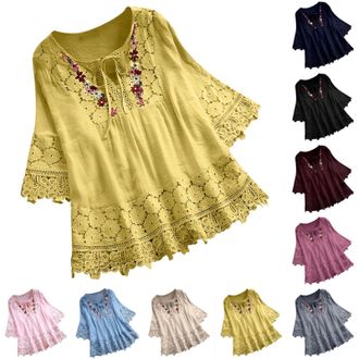 Generic Elegant Tops for Women Uk Boho Tops for Women Uk Cotton Linen Floral Embroidered Blouse 3/4 Sleeve Summer Bohemian Tunic Tees Floaty Elegant Breathabl