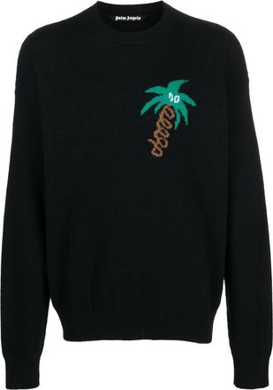 Palm Angels Mens Sketchy Intarsia Knit Sweater Black Green - Size Small