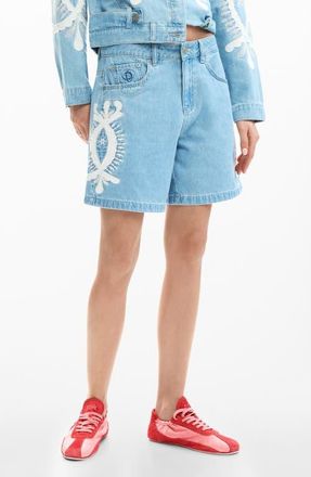 Desigual Appliqu&eacute; High Waist Denim Shorts in Medium Blue at Nordstrom, Size 44