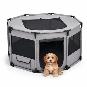 Relaxdays Relaxdays Corral Para Cachorros Alxanxprof 62 X 114 X 114 Cm, Interior Y Exterior, Malla, Poli&eacute;ster, Acero, Gris/negro