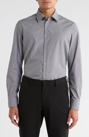 Duchamp Slim Fit Textured Dot Stretch Cotton Dress Shirt in Black at Nordstrom Rack, Size 14.5R